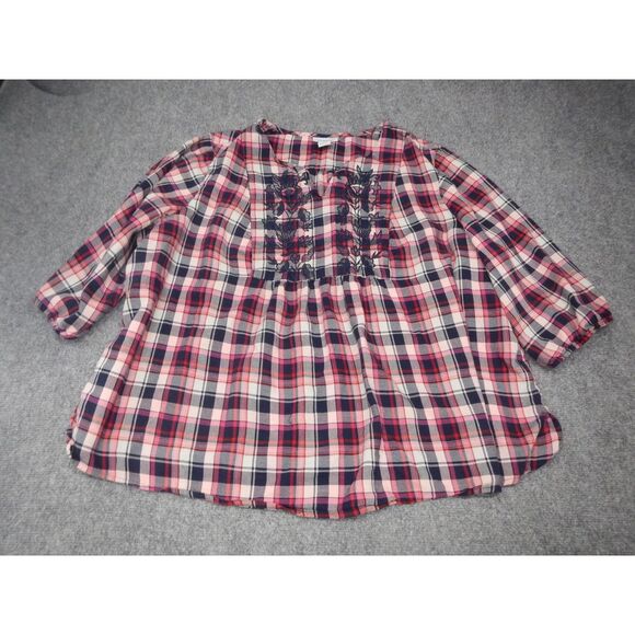 Catherines Flannel Shirt Embroidered Blouse‎ Plus Size 3X Plaid Blue Pink Rayon - Picture 1 of 11